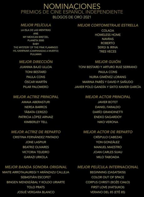 Nominaciones Premios de Cine español Independiente Blogos de Oro 2021 Nominaciones Premios de Cine español Independiente Blogos de Oro 2021