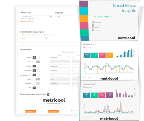 Metricool: aprende a usar la herramienta Descarga informes automáticos En este bloque también tienes la opción de descargarte informes de todas tus analíticas. Si tienes una cuenta premium de Metricool podrás descargar completos informes en PDF o PPT para presentar a tu cliente, seleccionando qué quieres que aparezca en ellos. Redes sociales, anuncios, web… la decisión es tuya.