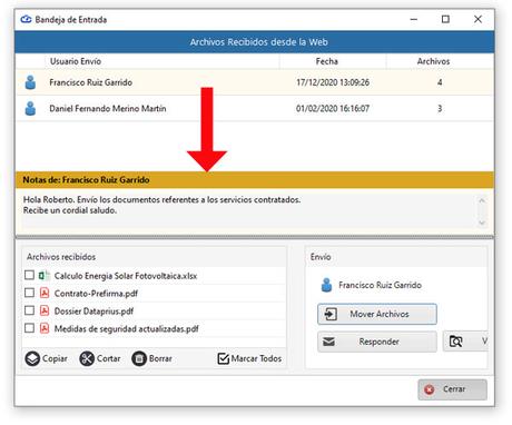 La bandeja de entrada muestra el texto de las notas que nos escriben nuestros clientes o usuarios web.