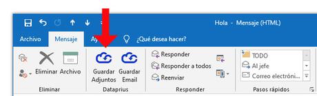 Cambios y solución a problema detectado con complemento Outlook en Dataprius versión 7.8 Captura guardar adjuntos Complemento Outlook Dataprius
