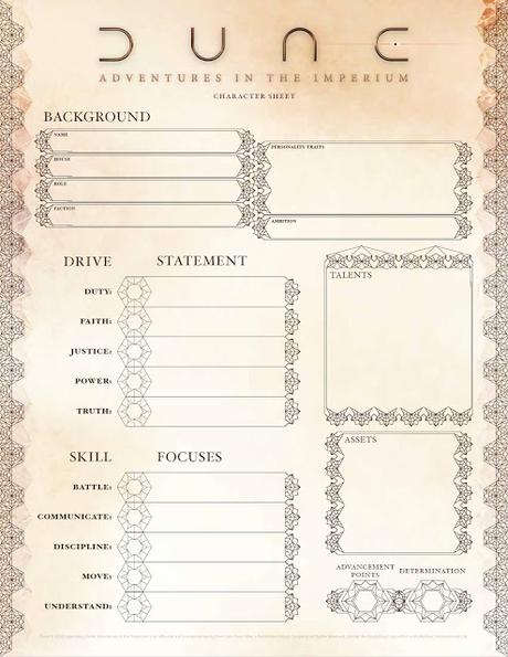 Hojas de personaje de Dune RPG a la vista (Dos diseños)