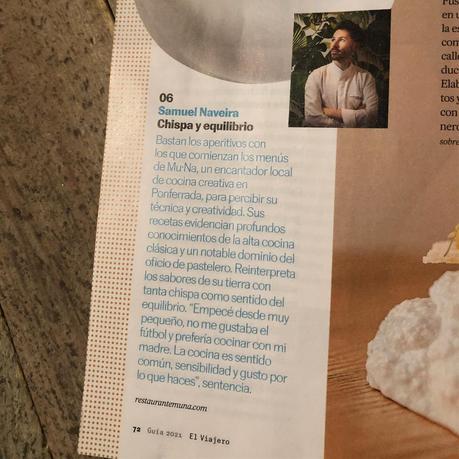 El Viajero de El País aplaude de nuevo a Samuel Naveira del Mu-Na en el Reportaje “Promesas de los fogones