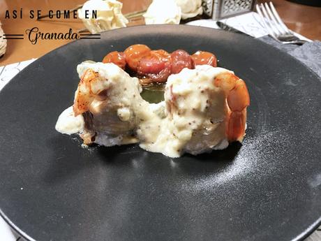 Popietas de trucha asalmonada con jamón y salsa de mostaza