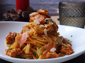 Spaguettis salmón ahumado mejillones