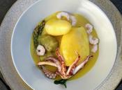 Calamar amarillo quisquillas, alcachofas espárragos estilo pepo frade