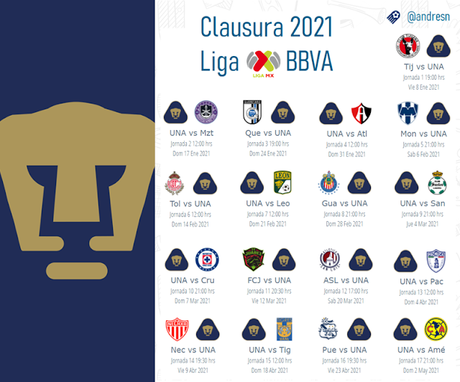 Calendario de Pumas del clausura 2021 en el futbol mexicano
