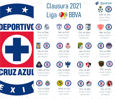 Calendario del Cruz Azul para el clausura 2021 del futbol mexicano