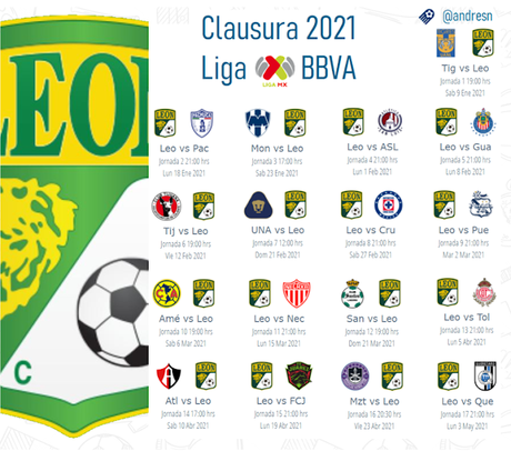 Calendario del León para el clausura 2021 del futbol mexicano