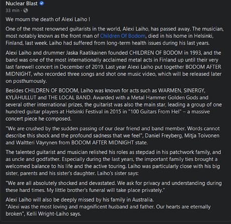 Alexi Laiho ha fallecido a los 41 años de edad. Alexi Laiho ha fallecido a los 41 años de edad.
