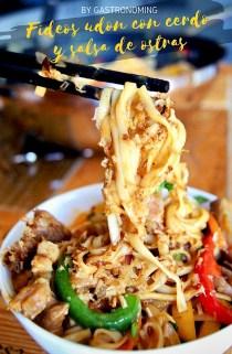 Fideos udon con cerdo y salsa de ostras