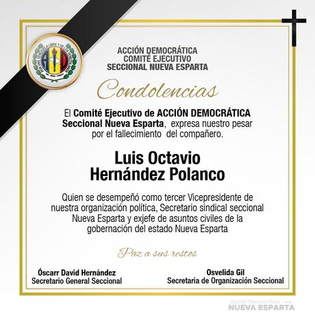 AD lamentó el fallecimiento del tercer vicepresidente de la tolda, Luis Octavio Hernández