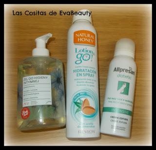 Mis favoritos de belleza de los últimos meses Gel íntimo Vis Plantis, Hidratante en spray Natural Honey y Espuma pies Allpresan