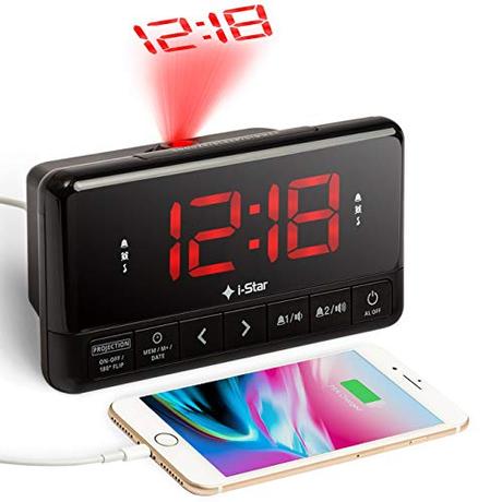 Despertador Proyector, Radio Reloj Despertador de Proyección Digital con Cargador USB, FM Radio, Pantalla LED Digital, Función Snooze