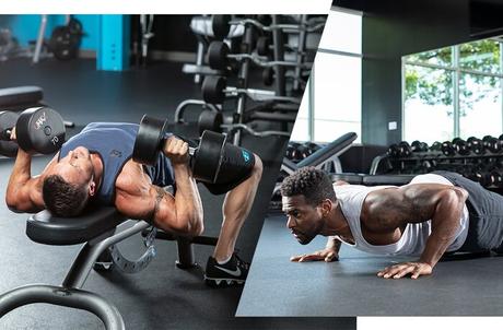 Los 15 términos de entrenamiento más importantes que necesita saber Conjunto compuesto: press de banca con mancuernas y flexiones.