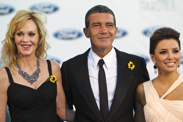 (L-R) Actress Melanie Griffith, actor Antonio Banderas and actress Eva Longoria arrive for the Starlite Charity Gala at the Villa Padierna hotel on August 6, 2011 in Marbella, Spain.