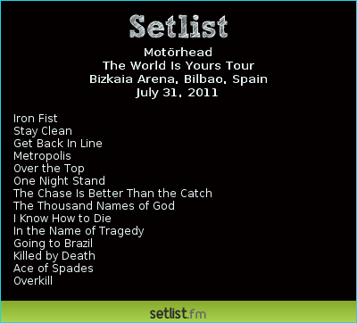 Motörhead Setlist Bizkaia Arena, Bilbao, Spain 2011, The World Is Yours Tour