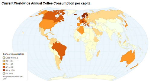 El consumo mundial de cafe por habitante y año