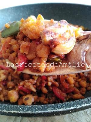 migas, vegetarianas, pan, verduras, pimiento, ajo