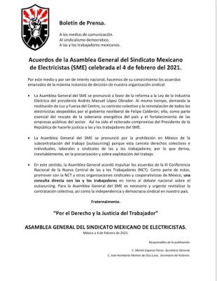 ACUERDOS DE LA ASAMBLEA GENERAL DEL SINDICATO MEXICANO DE ELECTRICISTAS (SME) ACUERDOS DE LA ASAMBLEA GENERAL DEL SINDICATO MEXICANO DE ELECTRICISTAS (SME)