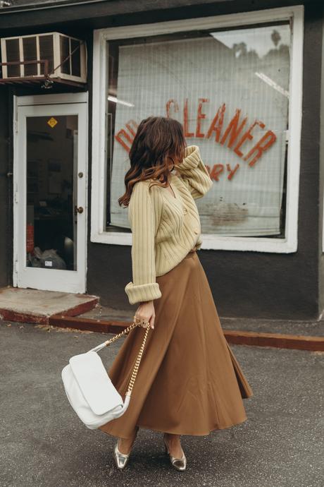 Laundry day wearing cozy cardigan, midi skirt, golden Chanel shoes and Chanel vintage bag