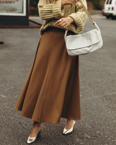 Laundry day wearing cozy cardigan, midi skirt, golden Chanel shoes and Chanel vintage bag