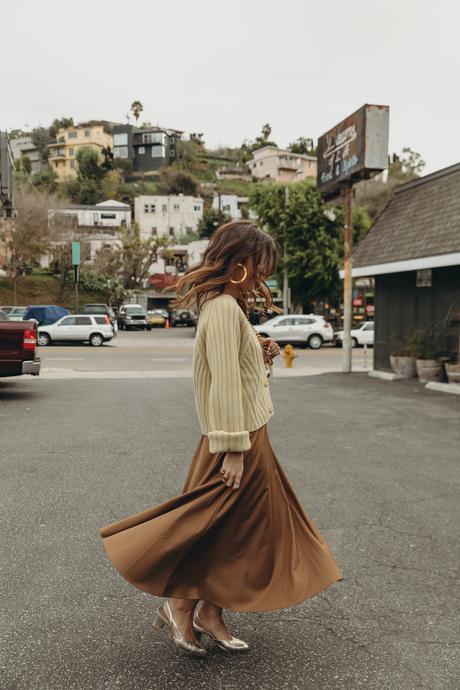 Laundry day wearing cozy cardigan, midi skirt, golden Chanel shoes and Chanel vintage bag