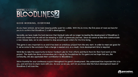 Bloodlines 2 retrasado indefinidamente, Hardsuit Labs ya  no son los desarrolladores