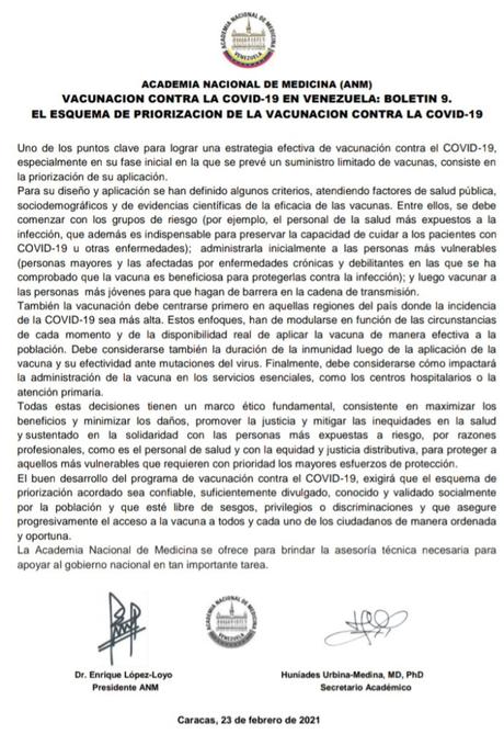 Academia Nacional de Medicina exigió que el acceso a la vacuna sea libre de privilegios