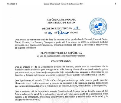 Decreto No. 111 de 26 de febrero de 2021 Que levanta la cuarentena total de fines de semana