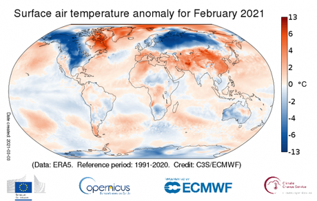 A nivel mundial, febrero de 2021 estuvo cerca del promedio de 1991-2020, pero fue el más frío en los últimos 5 años