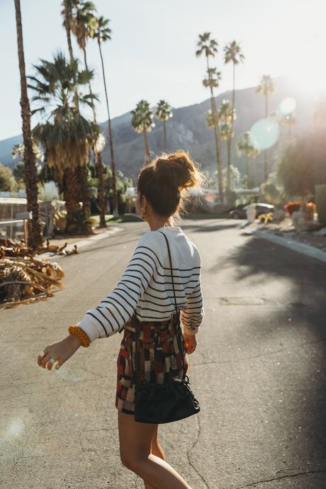 Mix and Match Sara from Collage Vintage wearing Sézane jacquard multicolor shorts and striped jumper and Chanel dad leather sandals