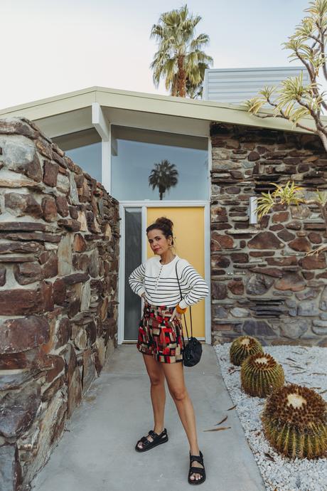Sara from Collage Vintage wearing Sézane jacquard multicolor shorts and striped jumper and Chanel dad leather sandals