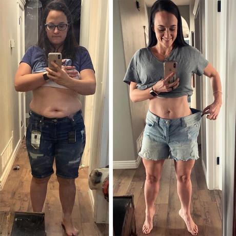 Ashley Moore mostrando antes y después de la pérdida de peso en el espejo