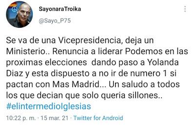 Iglesias se tira del tren del Gobierno en marcha para presentarse a las elecciones de la Comunidad de Madrid.