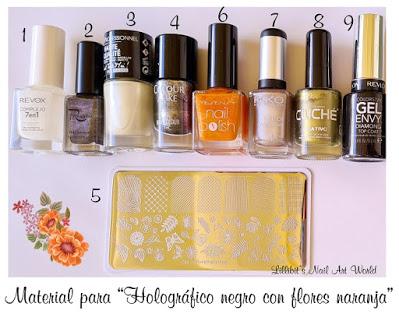 Manicura con holográfico negro y flores naranja