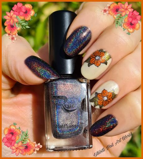 Manicura con holográfico negro y flores naranja