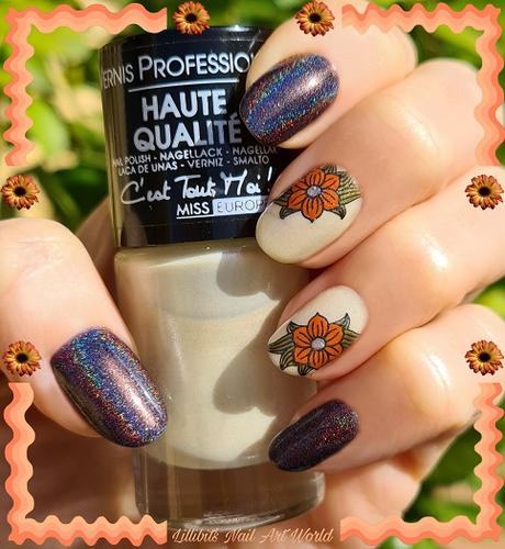Manicura con holográfico negro y flores naranja
