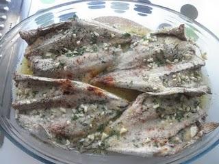 Chicharros a la vizcaína con patatitas y el postre