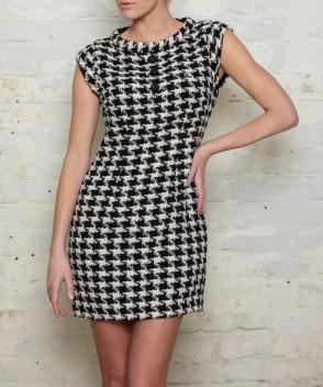 Houndstooth Tie Neck Dress