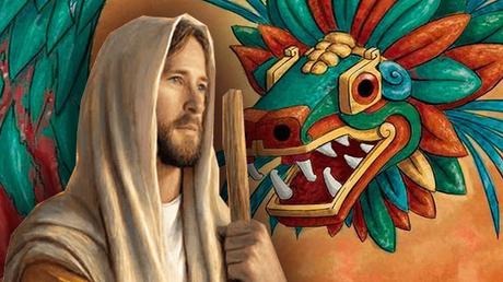 ilustración de Jesús al lado del dios maya Quetzacoatl