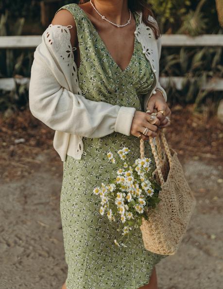 Sara from Collage Vintage wearing a Rouje spring dress, basket bag and high-heels sandals