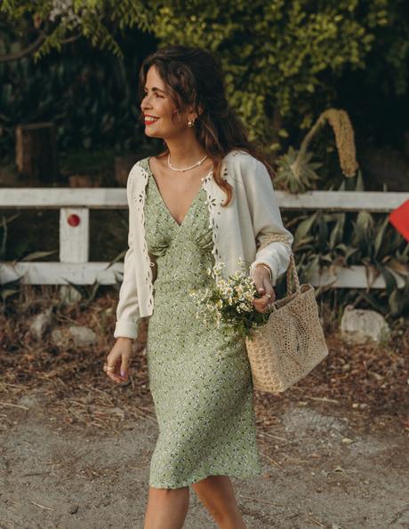 Sara from Collage Vintage wearing a Rouje spring dress, basket bag and high-heels sandals