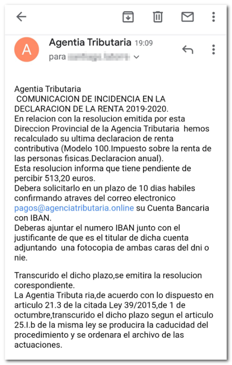 La Agencia Tributaria alerta: Si recibes un correo o SMS así eliminalo