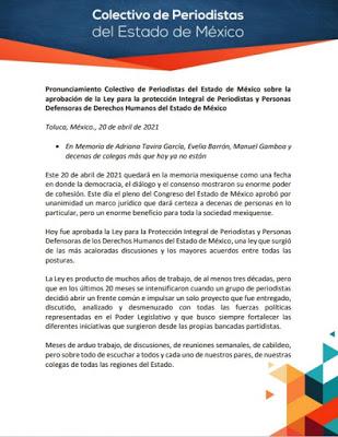 PRONUNCIAMIENTO COLECTIVO DE PERIODISTAS DEL ESTADO DE  MÉXICO SOBRE LA APROBACIÓN DE LA LEY PARA LA PROTECCIÓN INTEGRAL DE PERIODISTAS Y PERSONAS DEFENSORAS DE DERECHOS HUMANOS DEL ESTADO DE MÉXICO