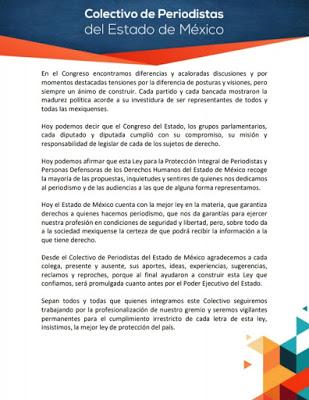 PRONUNCIAMIENTO COLECTIVO DE PERIODISTAS DEL ESTADO DE  MÉXICO SOBRE LA APROBACIÓN DE LA LEY PARA LA PROTECCIÓN INTEGRAL DE PERIODISTAS Y PERSONAS DEFENSORAS DE DERECHOS HUMANOS DEL ESTADO DE MÉXICO