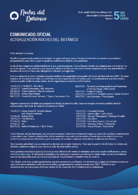 Primeros conciertos para Noches del Botánico 2021