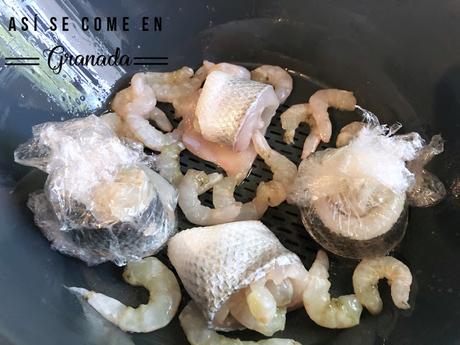 Popietas de lubina y gambas a la sidra Popietas de lubina y gambas a la sidra