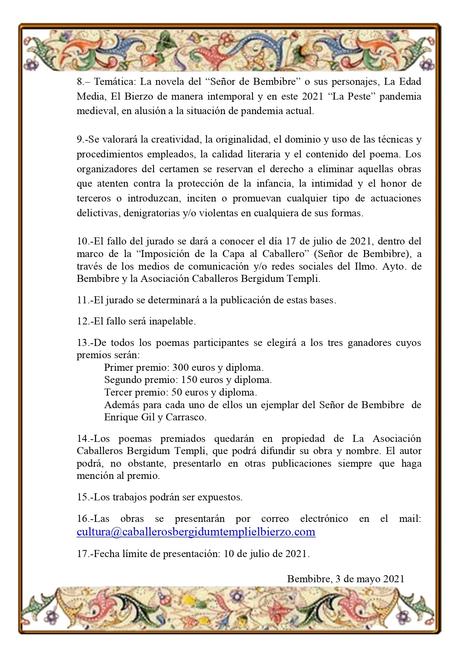Los caballeros Bergidum Templi y el Ayuntamiento de Bembibre convocan el VII Certamen de Poesía “El Último Templario del Bierzo, El Señor de Bembibre”