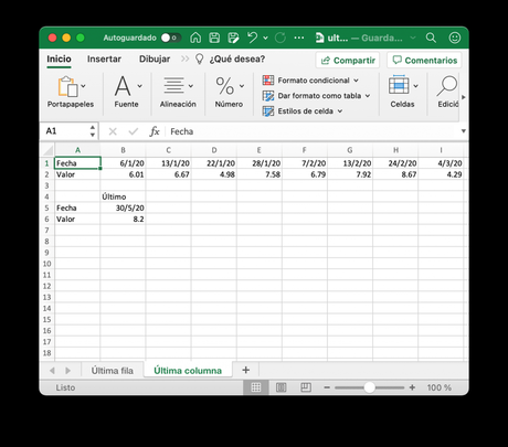 Obtener el último valor de una columna en Excel
