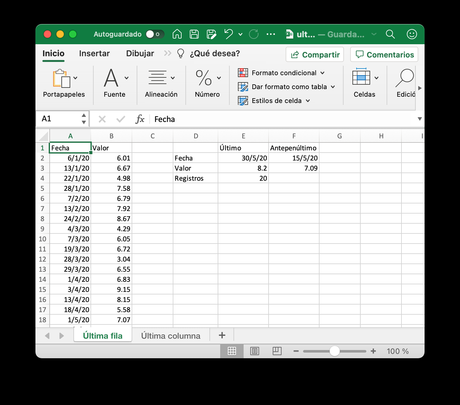 Obtener el último valor de una columna en Excel